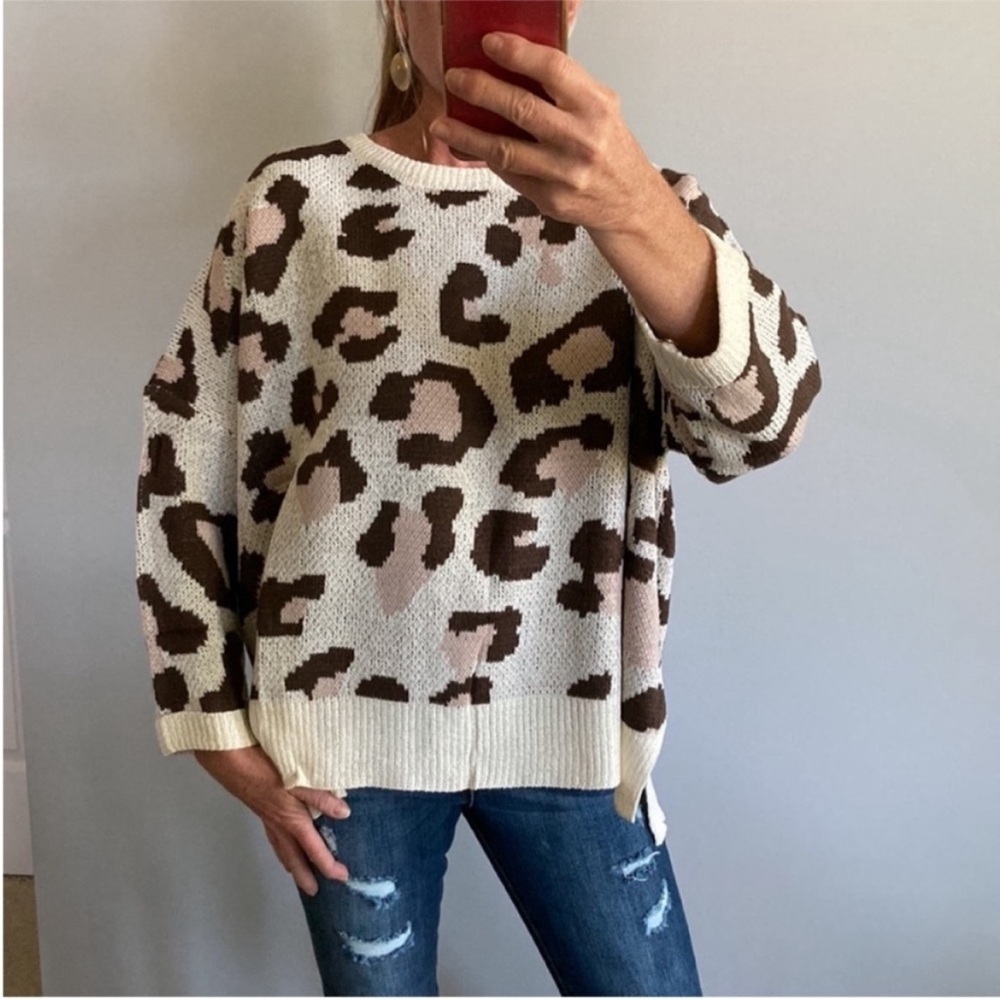 Animal Print Dolman Sleeve Oversized Fit Sweater - Picture 3 of 12
